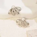 Macro shot of silver flower earrings with white pearl and beaded edge detail - Pearl Fan (FYD6080-1)