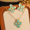 Set gioielli in acciaio inossidabile dorato con collana e orecchini a fiori verdi - Collezione di Gioielli (FYD6111XL-blue+FYD6111-blue)