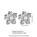 Detail view of silver floral earrings with pearl center and stainless steel dimensions - Pearl Flower (FYD6072-1)