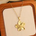 French vintage stainless steel necklace featuring a 3D floral pendant on O-chain - Flower Pendant Necklace (HQ014)