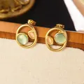 Orecchini retrò placcati oro con occhio di gatto verde e pietre preziose rosa - Orecchini a Cerchio Occhio di Gatto Bicolore (FYD6071EH-blue)