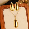 Ensemble de bijoux collier et boucles d'oreilles goutte dorés en acier inoxydable - Style Minimaliste Goutte d'Eau Poli Miroir (FYD6081EH+FYD6081XL)