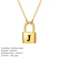 14K gold plated stainless steel padlock necklace featuring an engraved letter J pendant - Letter J