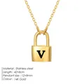 14K gold plated stainless steel padlock necklace featuring an engraved letter V pendant - Letter V / Steel