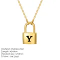 14K gold plated stainless steel lock necklace featuring a black letter Y pendant - Letter Y