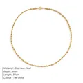 Cadena de cuerda de acero inoxidable dorado de 3mm con cierre de langosta - 3mm de ancho / 50cm / Dorado