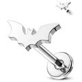 Macro view of polished steel bat labret stud showing internal threading and details - Bat / Silver