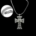 Gothic silver cross pendant necklace with black rhinestones and steel cuban chain - Cross Zirconia Style