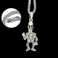 Gothic skull pendant necklace with antique silver finish on a dark grey cord chain - Full Skeleton Style