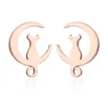 Minimalist rose gold stainless steel stud earrings featuring a cat on a crescent moon - 月亮猫(162) / Rose Gold
