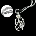 Gothic silver skull pendant necklace with dark woven cord and Cuban link chain - Skeleton Body Style