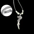 Gothic silver dragon sword pendant necklace with black cord and metal side chain - Dragon Wrapped Sword Style