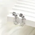 Detailed macro view of silver titanium steel planet earrings with planetary orbit design - Satellite