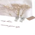 Detalle macro de pendientes de botón de corazón en acero de titanio sobre tarjeta blanca - Corazón de Plata
