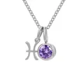Pisces zodiac pendant necklace in silver stainless steel with purple birthstone charm - February Violet Pisces - Steel Color