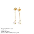 Elegant 14k gold plated stainless steel long chain earrings with 4mm freshwater pearls - Gold