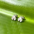 Pendientes de mariquita en acero de titanio plateado sobre fondo de hoja verde - Mariquita Bola de Rosca / Color acero