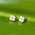 Boucles d'oreilles trèfle minimalistes en acier argenté sur fond de feuille - Trèfle à Quatre Feuilles Boule de Torsion / Acier