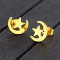 Close-up of golden stainless steel crescent moon and star stud earrings for women - Gold
