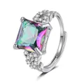 Adjustable silver ring with square rainbow gemstone and side diamond accents - Adjustable Open / Rainbow Stone