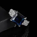 Luxurious silver ring with square blue sapphire and pave zircon side stones - Adjustable Open / Sapphire