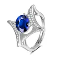 Macro detail of oval blue sapphire engagement ring with sterling silver winged setting - Adjustable Open / Sapphire Blue Stone