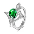Close-up of silver ring featuring oval green gemstone and pavé crystal butterfly wings - Adjustable Open / Emerald Green Stone