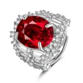 Macro shot of large oval red gemstone with zircon accents on a silver band ring - Adjustable Open / Ruby