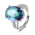Detail of cross ring with oval iridescent zircon and micro-pave stones in silver setting - Adjustable Open / Colorful (QHJ008)