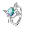 Macro view of adjustable silver ring with oval rainbow topaz and sparkling wing accents - Adjustable Open / Mystic Rainbow Stone