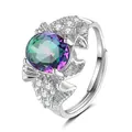 Detail view of large oval rainbow gemstone with sparkling pavé accents and open band - Rose Shape (QHJ010) / Rainbow Stone