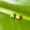 Boucles d'oreilles coccinelle dorées à vis avec points jaunes sur feuille verte - Coccinelle Boule à Vis / Or