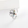 Detailed close-up of a silver lotus ring featuring colorful multi-gemstone inlay - Adjustable Open / Silver Lotus Ring