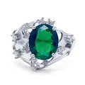 Elegant silver ring with oval green gemstone and white crystal floral cluster setting - QHJ006 Emerald Green Stone / Green
