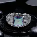 Elegant silver ring featuring square iridescent gemstone with diamond pave setting - Adjustable Open / White Gold Rainbow Stone
