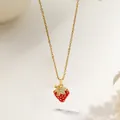 Exquisite 3D strawberry pendant necklace with red enamel and pavé cubic zirconia accents - Red Strawberry Style (XKN8279) / Gold