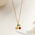 Golden cherry pendant necklace with red, green, and white micro-set zircon crystals - Diamond Zirconia Cherry Style (XKN8281) / Gold