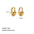 Polished 18k gold plated stainless steel hollow heart earrings with dimensions marked - Heart Hoop (XKE0019) / Gold