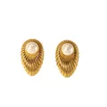 Detailed view of 18K gold plated shell-shaped earrings with central pearl insets - Teardrop Striped Pearl Earrings (Gold)