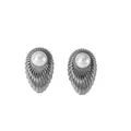 Detail of fan-shaped silver metal earrings with radial shell texture and white pearls - Teardrop Striped Pearl Earrings (Steel)