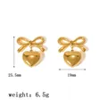 Detailed view of gold bow knot earrings with solid heart pendants and polished finish - Bowknot Heart Earrings (XKE0409)