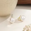 Elegant white pearl stud earrings with round cubic zirconia in a gold setting - Round Zirconia Pearl Earrings / Gold