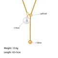 Gold-plated titanium steel pull-out necklace with 13.5mm oval white pearl pendant - Drawstring Pearl Necklace / Gold