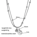 Double-layered stainless steel necklace with 1cm oval pearl and 0.6cm silver bead pendants - Double Layer Pearl Necklace / Steel
