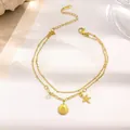 Gold ocean themed double-layered anklet with starfish, seashell and crystal pendants - Double Layer Starfish Shell Anklet / Gold