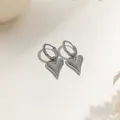 Titanium steel silver heart dangle earrings with minimalist 3D puffy heart pendants - Pointy Heart Hoop Earrings (XKE0216) / Steel