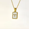 Gold Aries zodiac necklace with 18K plating and white shell inlay on a rectangular pendant - Aries