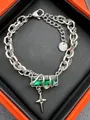 Silbernes Gliederkettenarmband mit grünem Rechteck-Edelstein und Schlangen-Charm - 16+5cm / Silber-Umwickelter Grüner Smaragd