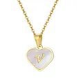 Gold heart pendant necklace with iridescent shell inlay and embossed letter V detail - Heart Letter V