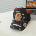 Close-up of black kids baseball cap with 3D capybara ears and cute cartoon prints - Kids 3-8 Years / Black